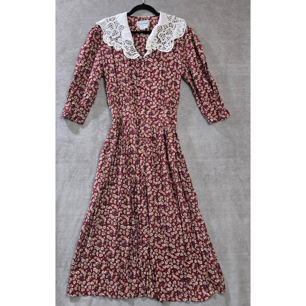 Vtg LG Star Dress Womens Medium Floral Lace Collar Prairie Cottagecore 90s Folk